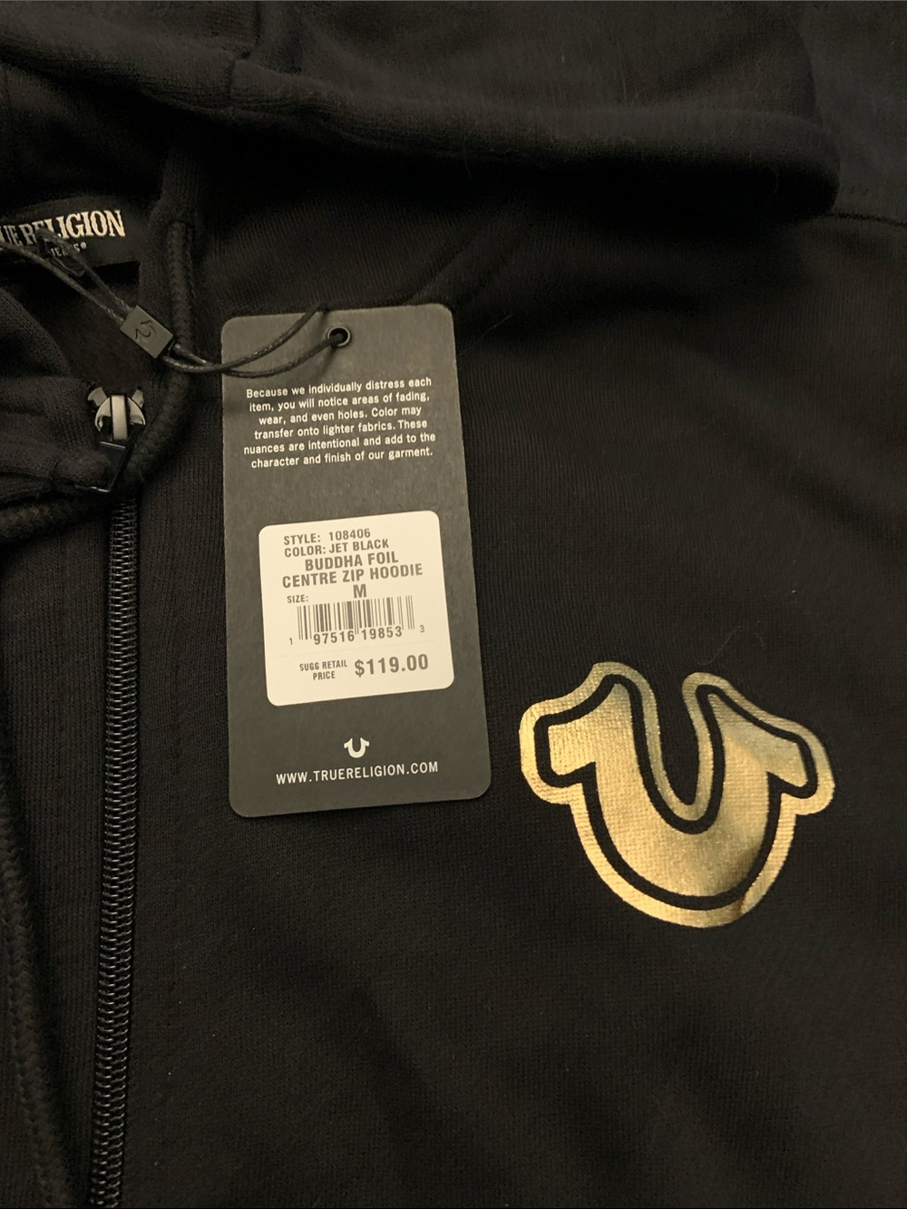 True Religion Black Hoodie with Gold Buddha Foil Logo
